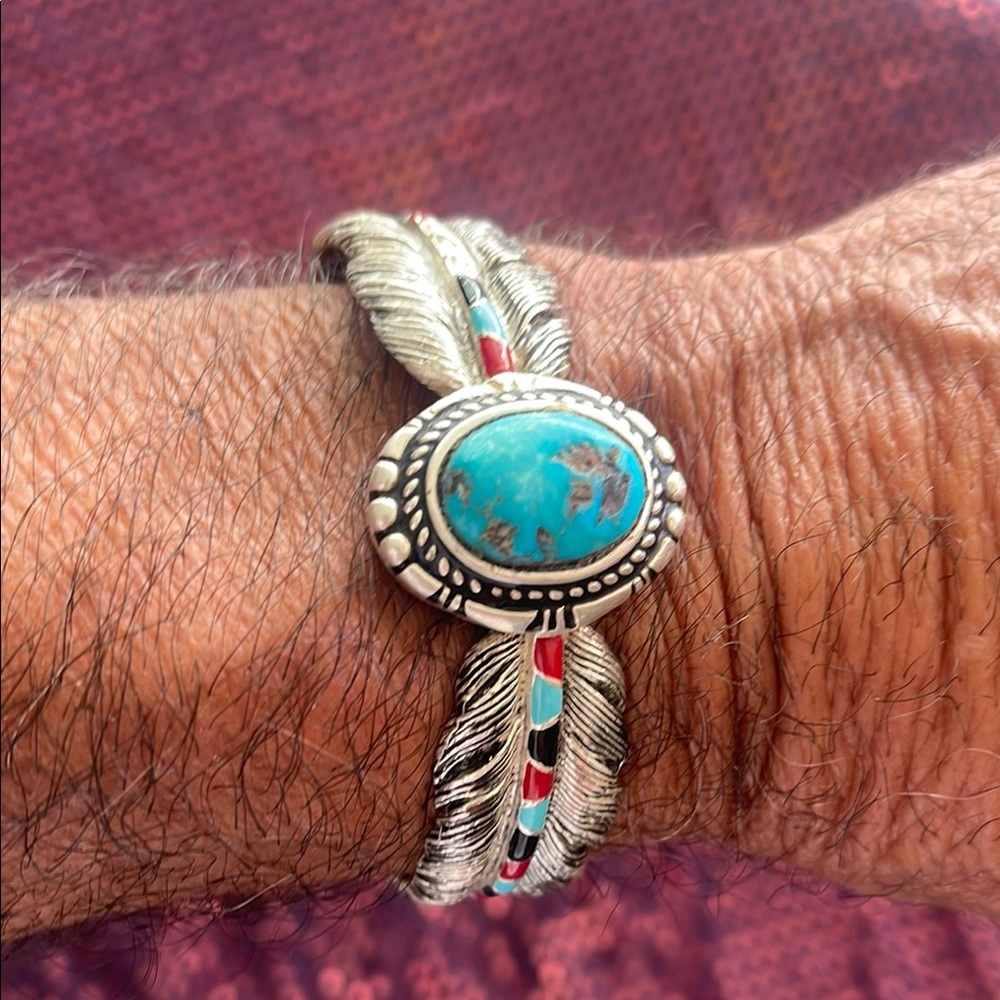 Silver and Turquoise Feather Bracelet